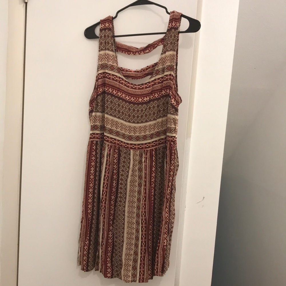 Tribal print dress in beige, brown and burgundy